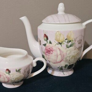 Gracie Stechcol Pink and White Floral Teapot and Creamer